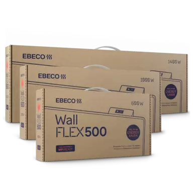 Förpackningarna för elradiatorn Wallflex 500, med EB-Therm 500 och som är WiFi Ready